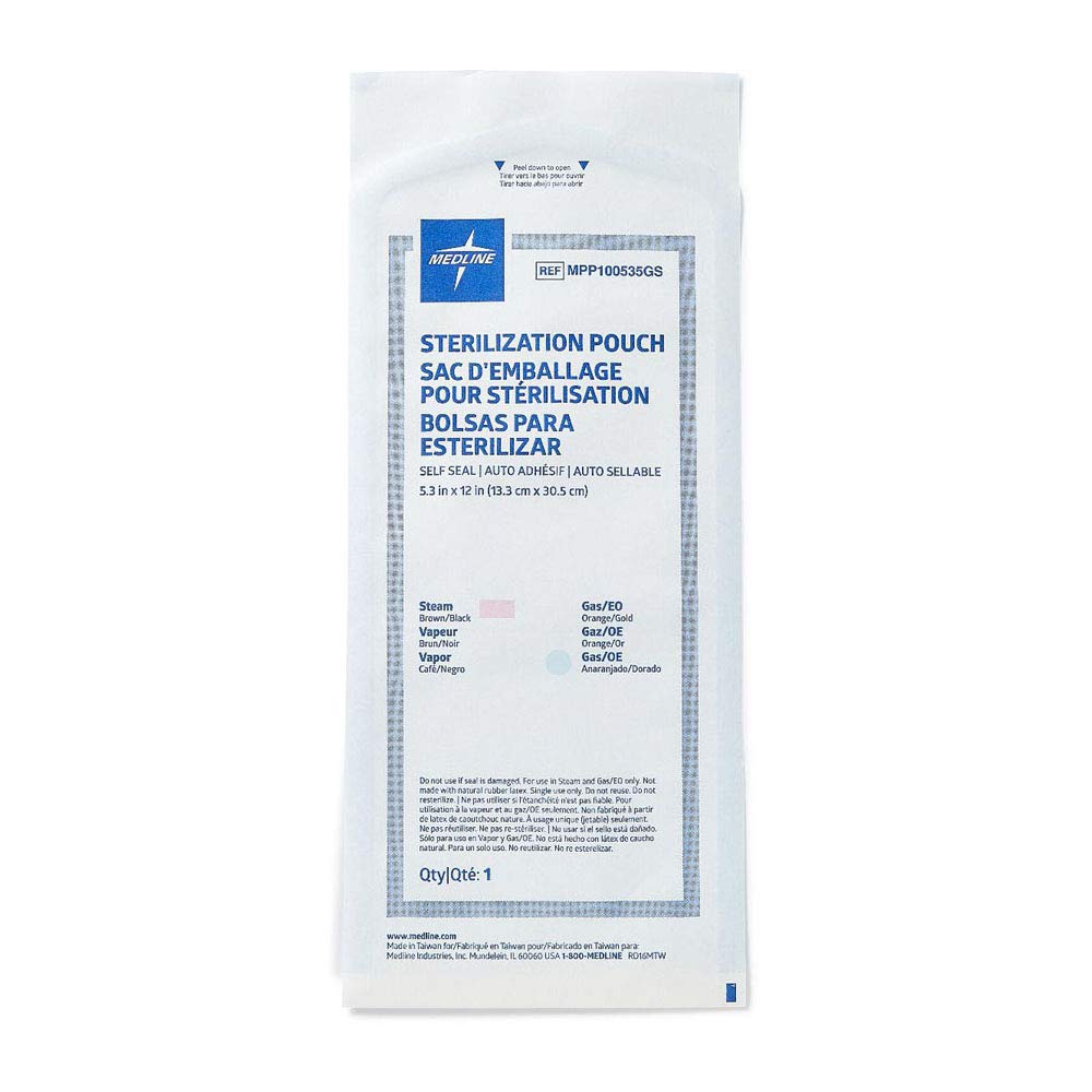 Medline Self-Seal Sterilization Pouches for Steam and Gas, 5.25 Inches x 12 Inches, Distinct Color Change Process Indicator, Strong Material, Prefolded, Case of 1000 Each