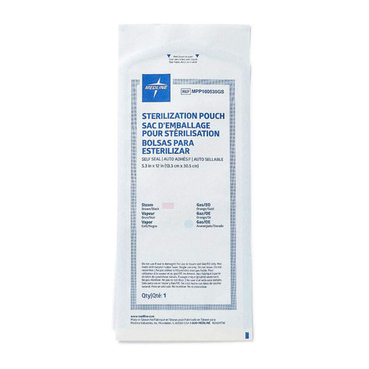 Medline Self-Seal Sterilization Pouches for Steam and Gas, 5.25 Inches x 12 Inches, Distinct Color Change Process Indicator, Strong Material, Prefolded, Case of 1000 Each