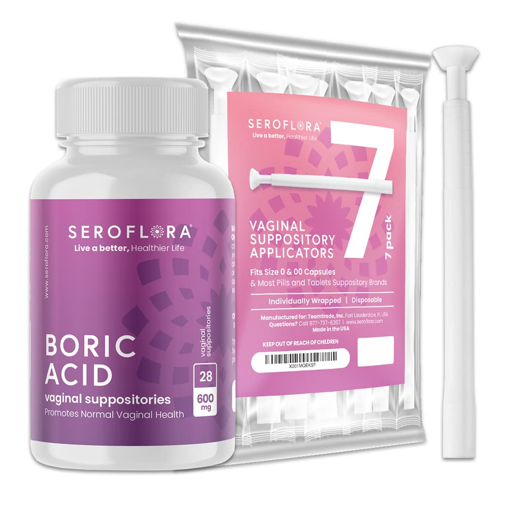 Seroflora Boric Acid Vaginal Suppositories 600mg – 30 Count with 7 Applicators for Odor Control & pH Balance Feminine Hygiene Support, Natural Intimate Care, Made in USA