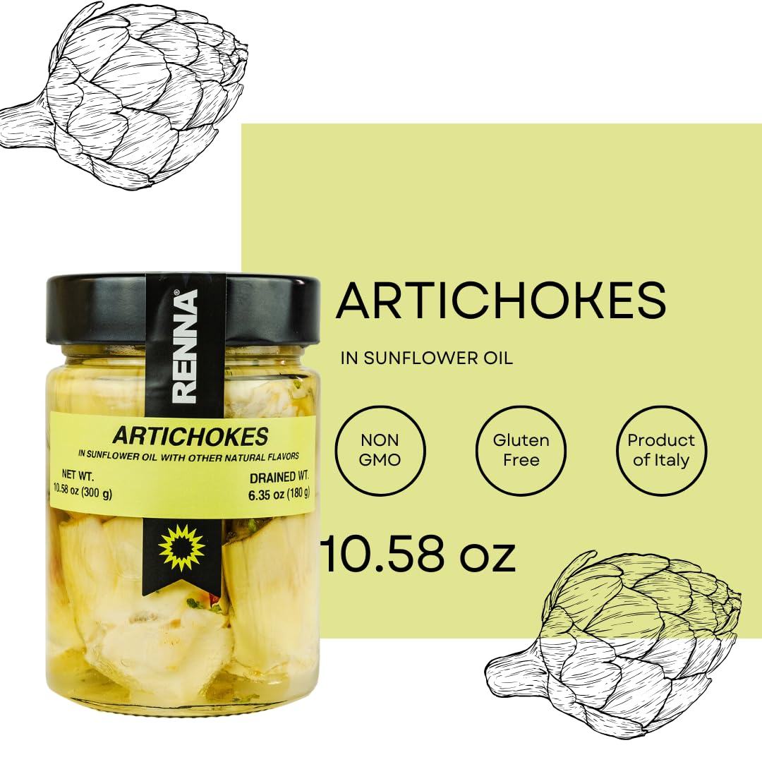 Renna, Artichoke Hearts in oil (10.58 oz), Italian, Whole Artichoke Hearts, A Taste of the Mediterranean Excellence, Renna Delicacies