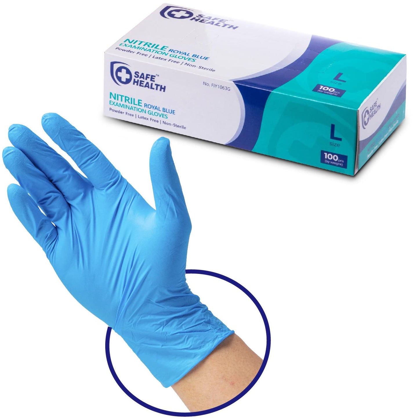 Safe Health Blue Nitrile Exam Gloves,100-Count S M L XL,3.5 Mil Free of Powder-Latex,Disposable-Textured,Clinic-Office-Daily,Medical,First-Aid,Clinics,Cooking,Cleaning,Puncture-Resistant,FIY1063G