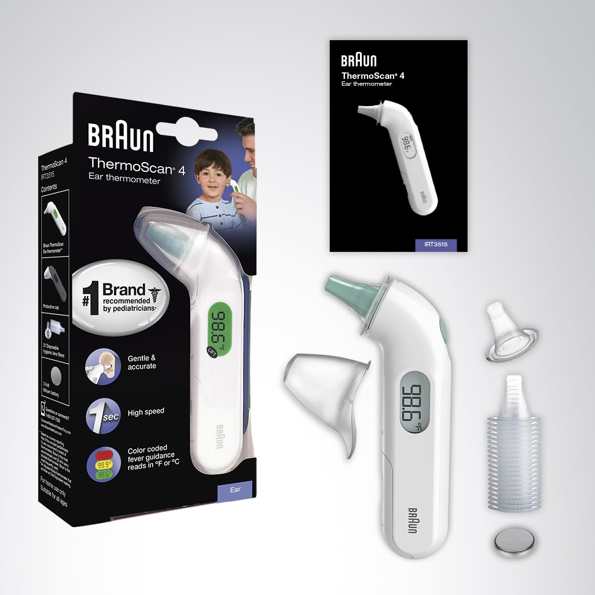 Braun ThermoScan 4 Digital Ear Thermometer for Kids and Adults, Professional Accuracy, Color Coded and Audio Fever Guidance for Babies, Toddlers