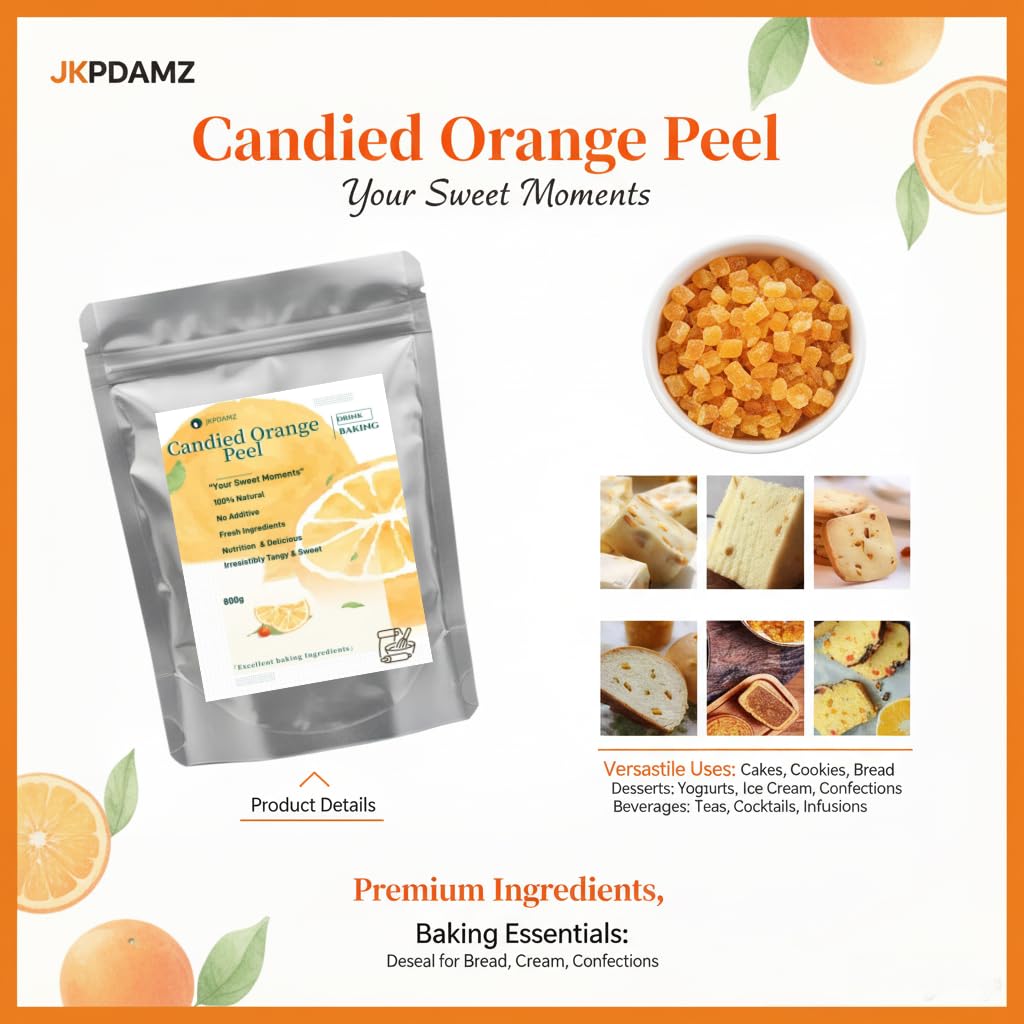 1.76 Ib Candied Glazed Orange Peel Dices, Chopped Sweet Orange Peel Cubes Granules, 800g, for Cake Baking, Mooncake Filling, Casual Snacks