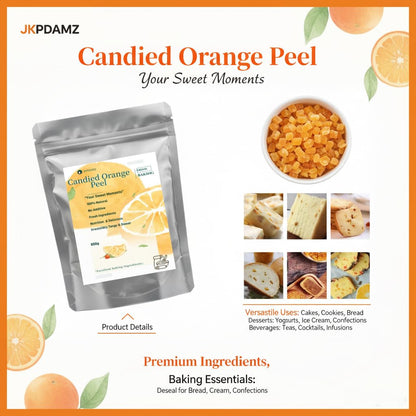 1.76 Ib Candied Glazed Orange Peel Dices, Chopped Sweet Orange Peel Cubes Granules, 800g, for Cake Baking, Mooncake Filling, Casual Snacks