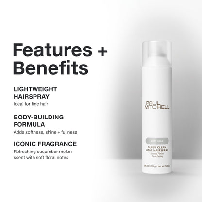 Paul Mitchell Super Clean Light Hairspray, Fast Drying, Soft Hold + Natural Finish, For Fine Hair, 9.5 oz