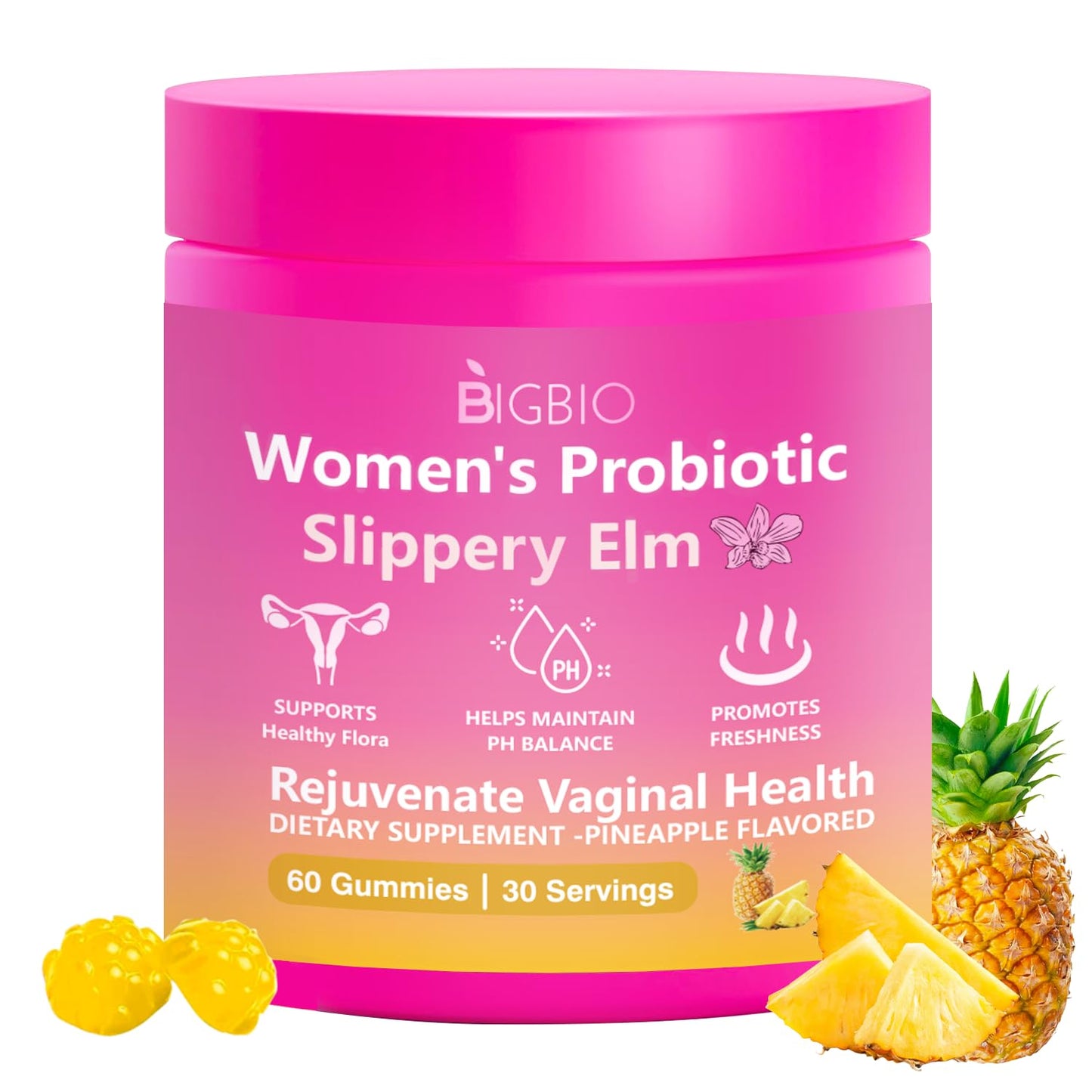 Feminine Probiotics Gummies, Slippery Elm for Women, Vaginal Health Supplement for pH Balance, Odor Control, Yeast Balance, Flora Immune Support, Suagr-Free, Veagn, Pineapple Flavor, 60 Count