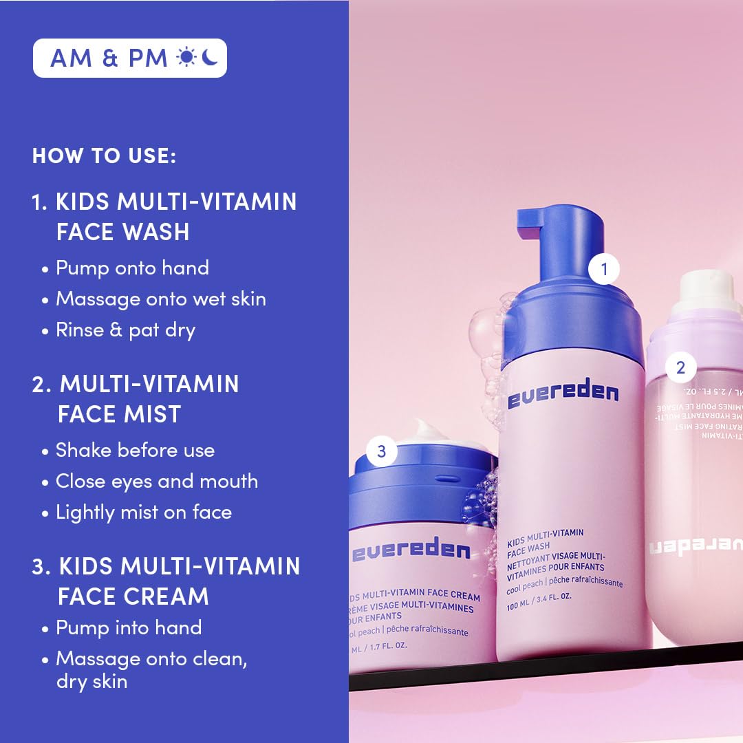 Evereden Kids Multi-Vitamin Hydrating Face Mist, Face Wash, & Kids Face Cream Set: Clean, Vegan, and Multivitamin-Rich Kids Skin Care Set for 6 & up - Moisturize & Refresh