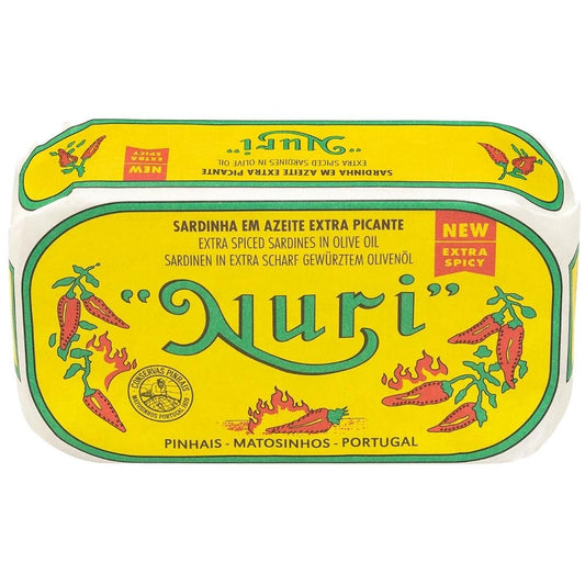 NURI Portuguese Sardines in Extra Spicy Olive Oil 4.4 oz can (Sardines Extra Spicy Olive Oil)