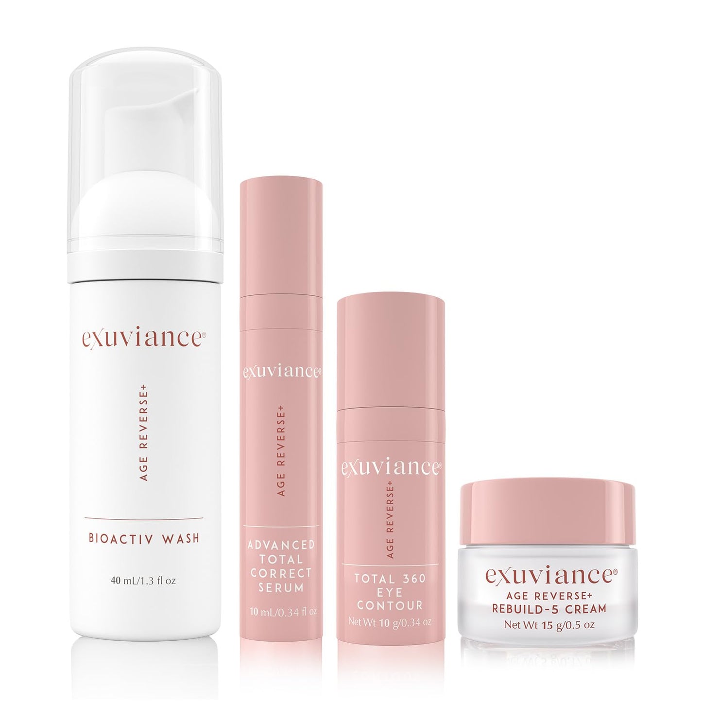 EXUVIANCE AGE REVERSE+ Anti Aging Skin Care Set - Mini Starter Kit Includes: Exfoliating Face Wash, Anti-Wrinkle Serum, Brightening Eye Contour, Firming Face Cream, for Wrinkles and Fine Lines - 4 ct