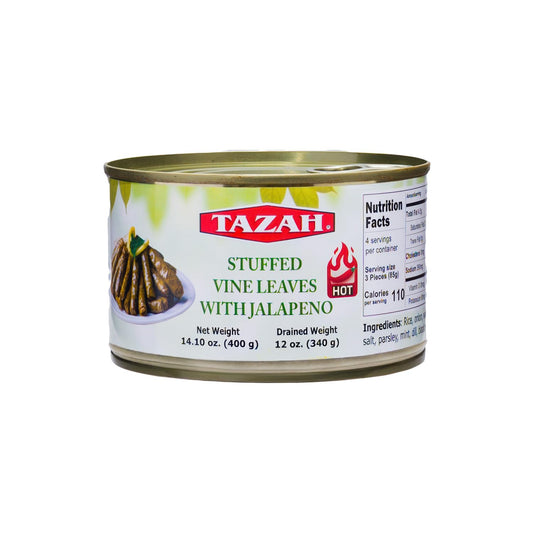 TAZAH Stuffed Vine Leaves with Jalapeno (Spicy Dolmas), Vegetarian Rice & Herb Stuffed Grape Leaves, Ready to Eat, Easy-Open Can, 14.1 oz (400 g)