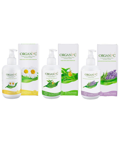 Organyc - Feminine Intimate Wash for Sensitive Skin - Free from Chlorine, Parabens, SLSSLES, and Synthetic Perfumes - 8.5 Fl Oz with Chamomile +Tea-Tree + Lavender