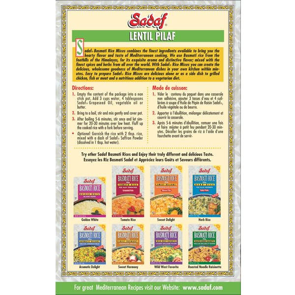 Sadaf Adas Polo - Lentil Basmati Rice Pilaf Mix - Traditional Middle Eastern Meal - Arroz Basmati Mix - Kosher - 12 Oz