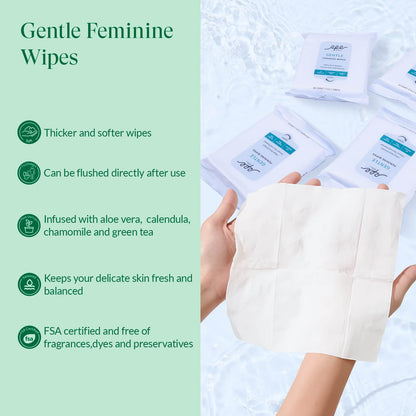 Feminine Care Bundle, Period Essentials 100% Organic Cotton Pads for Women, Size 2,3,5 Sanitary Napkins 124 Ct, Flushable Gentle Feminine Wet Wipes, Plant-Based Soothing Feminine Wash