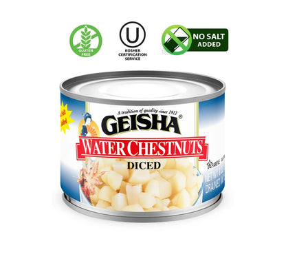 GEISHA Water Chestnuts Diced 8OZ. (Pack of 12), Water Chestnuts | Kosher Certified － No Salt & Sugar added － Gluten Free－Less than 100 Calories per Container