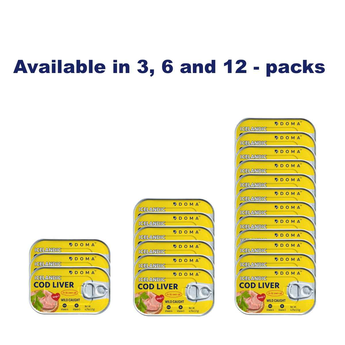 DOMA Icelandic Cod Liver, Selected Whole Pieces in Its Own Oil, Wild-Caught, 110% DV Vitamin D per Serving, Omega-3 (DHA & EPA), Ready to Eat, 12 x 4.27oz (121g), Total 51.2oz / 24 Servings, Pack of 12