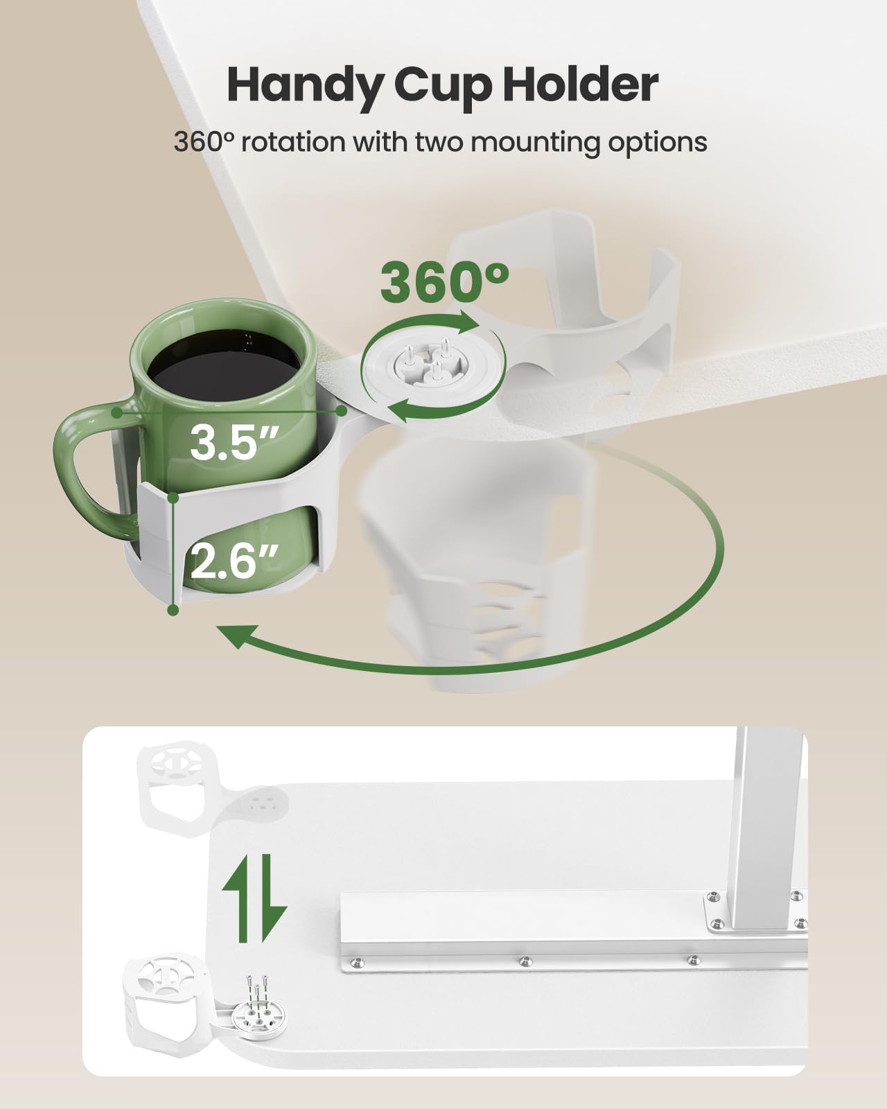 Marsail 28×16" Overbed Table with Wheels and 360° Cup Holder, Height-Adjustable Pneumatic Bedside Table, Mobile Computer Standing Desk for Home Office, White