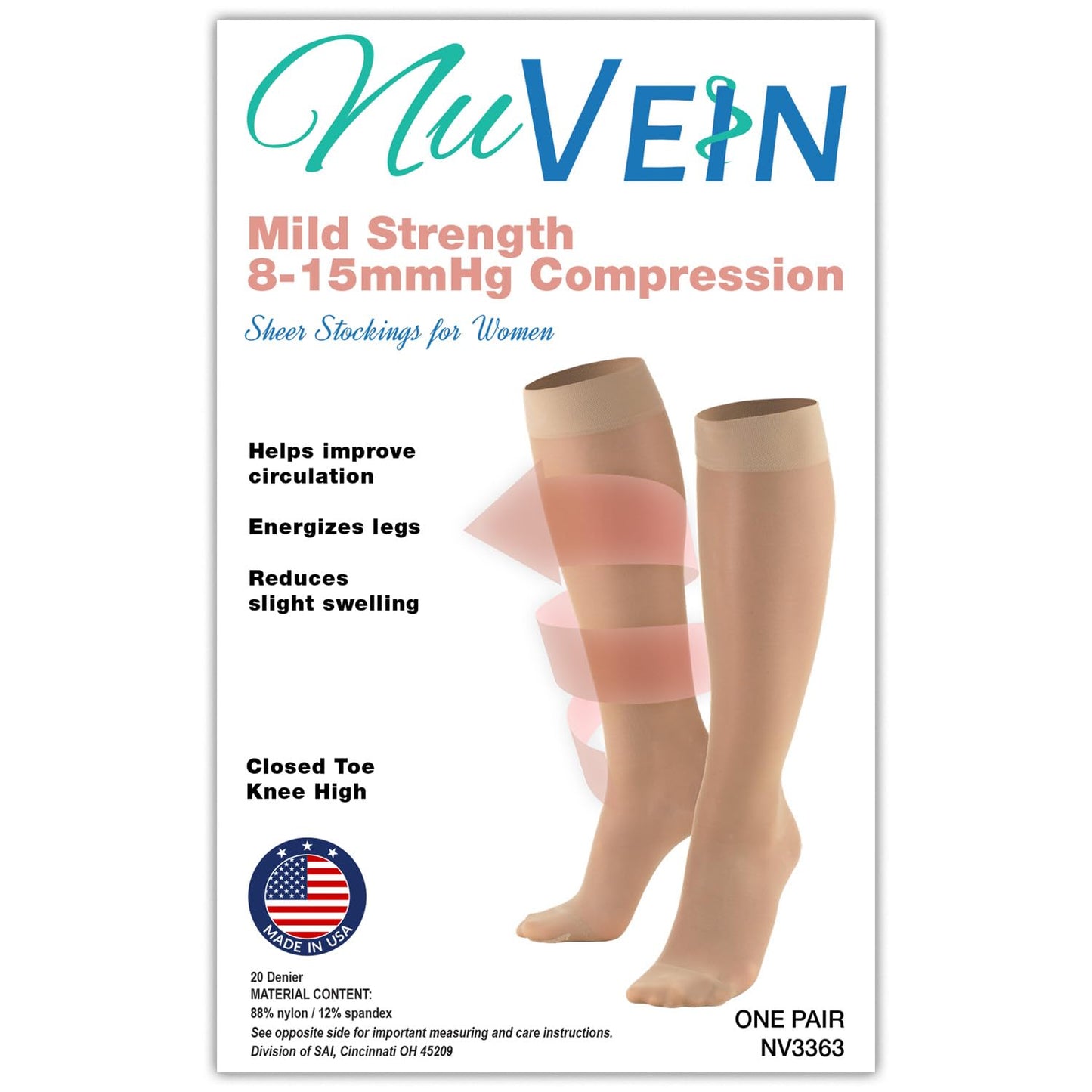 NuVein Sheer Compression Stockings for Women, 8-15 mmHg Support, Light Denier, Knee High, Closed Toe, Beige, 2X-Large