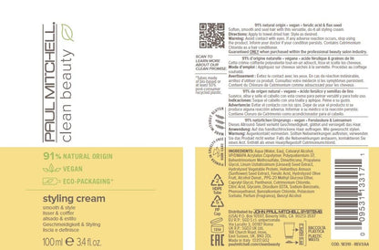 Paul Mitchell Clean Beauty Styling Cream, Smooth & Style, For All Hair Types, 3.4 fl. oz.