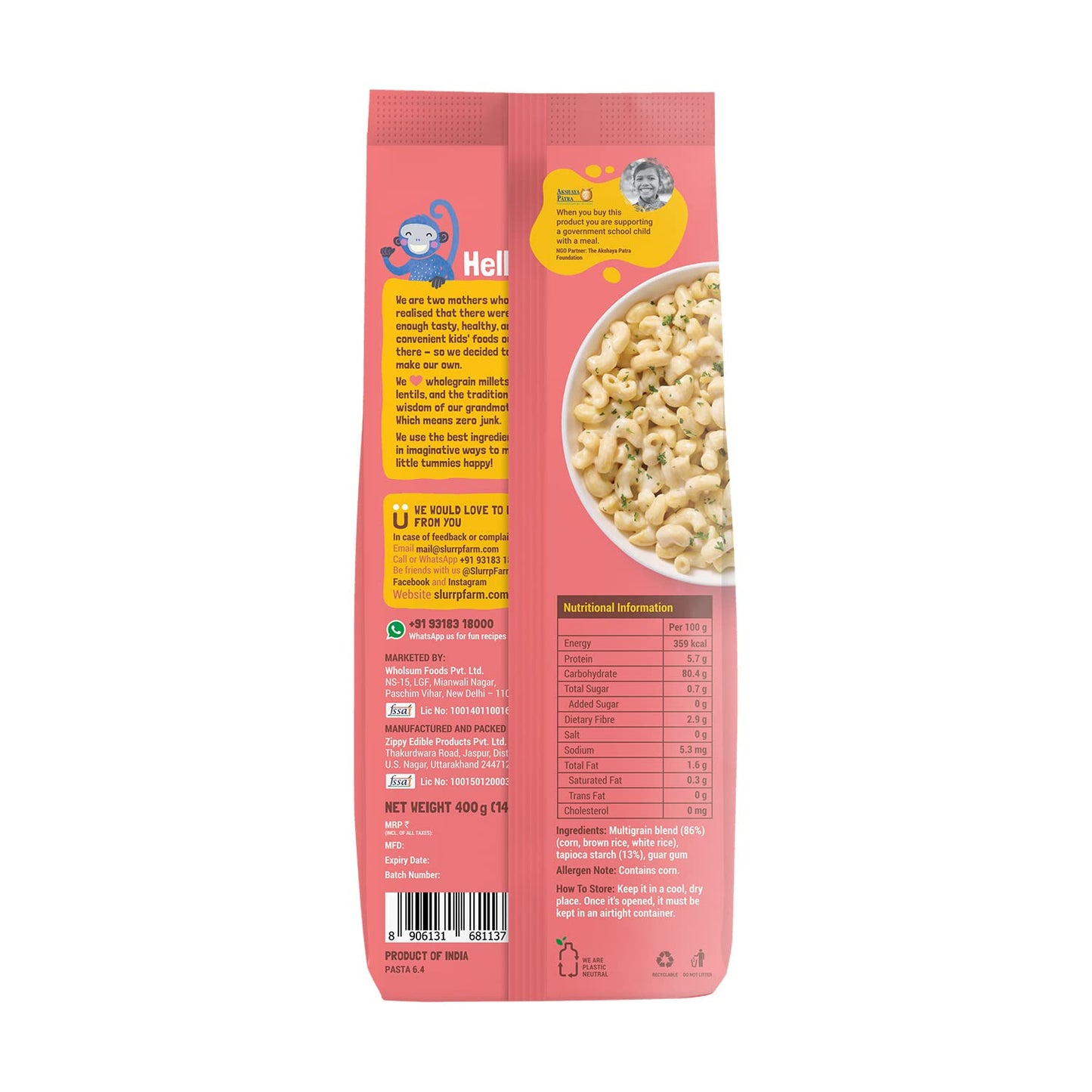 Slurrp Farm Multigrain Macaroni Pasta | High Fiber, Gluten-Free, No Wheat, Zero Trans Fats | Healthy & Tasty Pasta for Kids & Family | Quick Meals, Soups, Salads | 14.11 Oz (400g)