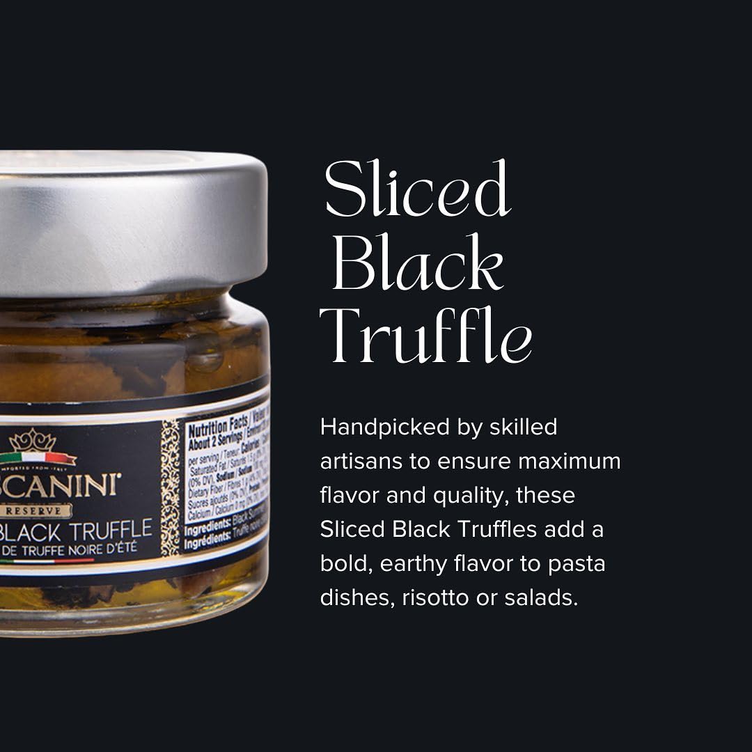Tuscanini Reserve Italian Sliced Black Truffle in Extra Virgin Olive OIl, 1.41oz | Thin Truffle Mushroom Slices | Authentic Italian Truffle Carpaccio | Product of Italy