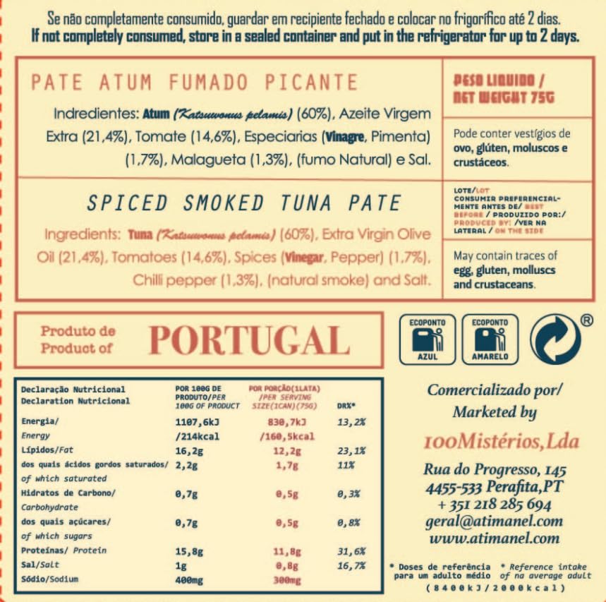 Portuguese Smoked Spiced Tuna Pate | B Vitamins, Omega-3 | Tinned Seafood by Ati Manel | 8 x 75g Cans