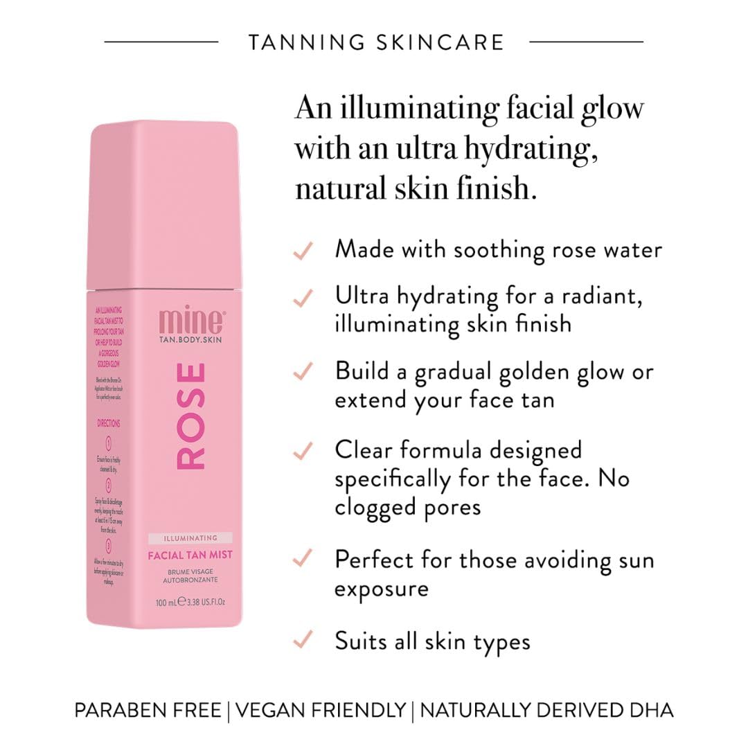 Minetan Rose Face Tan Mist | Clear Facial Self Tanning Spray | Gradual Daily Sunless Tanner, Infused | Soothing Rose Water & Vitamin C | Hydrating, Golden Glow Skin Finish | 3.38 Fl Oz
