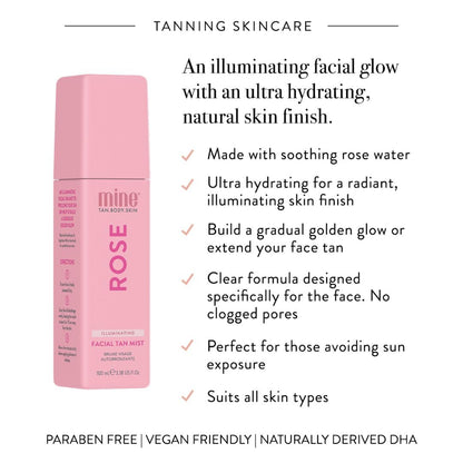Minetan Rose Face Tan Mist | Clear Facial Self Tanning Spray | Gradual Daily Sunless Tanner, Infused | Soothing Rose Water & Vitamin C | Hydrating, Golden Glow Skin Finish | 3.38 Fl Oz