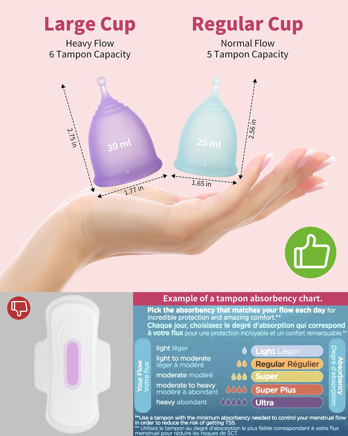 Reusable Menstrual Cup (Small & Large Size) Set of 2, Soft Silicone, Low or High Cervix, Safe Period Cup, Heavy & Light Flow, Feminine Hygiene, Tampons, Pads & Disc Alternative