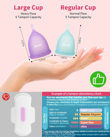 Reusable Menstrual Cup (Small & Large Size) Set of 2, Soft Silicone, Low or High Cervix, Safe Period Cup, Heavy & Light Flow, Feminine Hygiene, Tampons, Pads & Disc Alternative