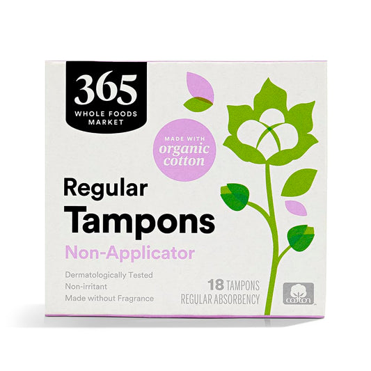 365 by Whole Foods Market, Non-Applicator Tampons, Made with Organic Cotton, Regular Absorbency, Unscented, 18 Count