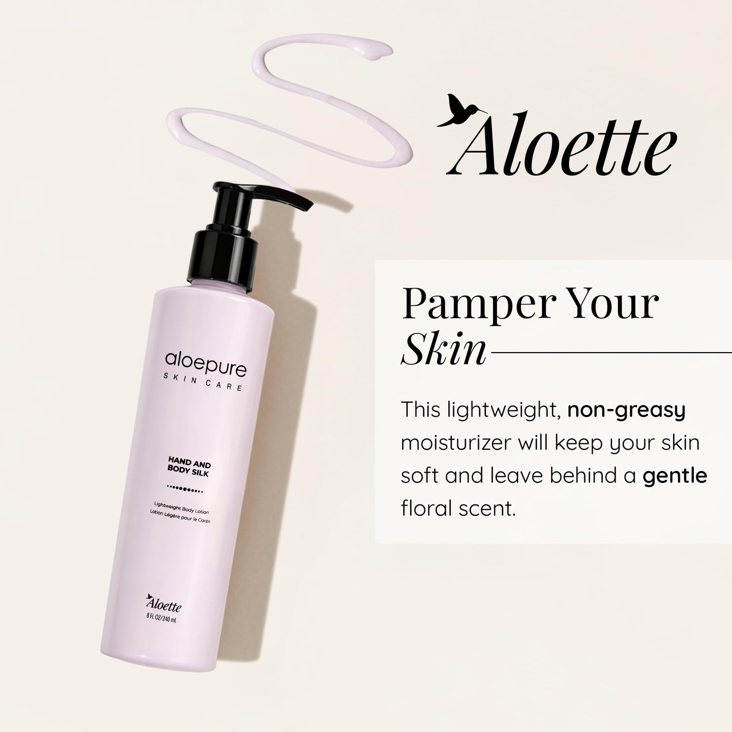 Aloette Hand & Body Silk Lotion - Lightweight & Gentle Moisturizer Body Lotion for Women & Men - Floral Scent Hydrating Skin Care with Aloe Vera Extract for Soft & Smooth Skin - 8 Fl Oz