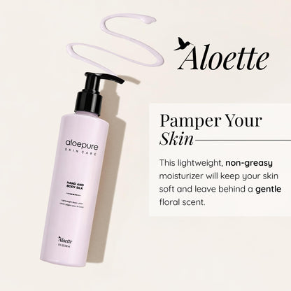 Aloette Hand & Body Silk Lotion - Lightweight & Gentle Moisturizer Body Lotion for Women & Men - Floral Scent Hydrating Skin Care with Aloe Vera Extract for Soft & Smooth Skin - 8 Fl Oz