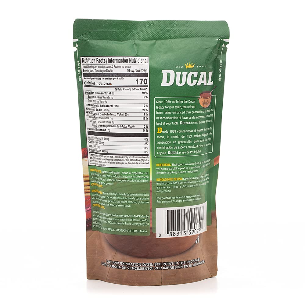 Ducal Refried Red Beans Pouch - Instant Vegetarian Refried Red Beans, Non-GMO And Gluten-Free - Excellent Source in Protein And Iron, Cholesterol Free, 14.1 Ounce (Pack of 18)