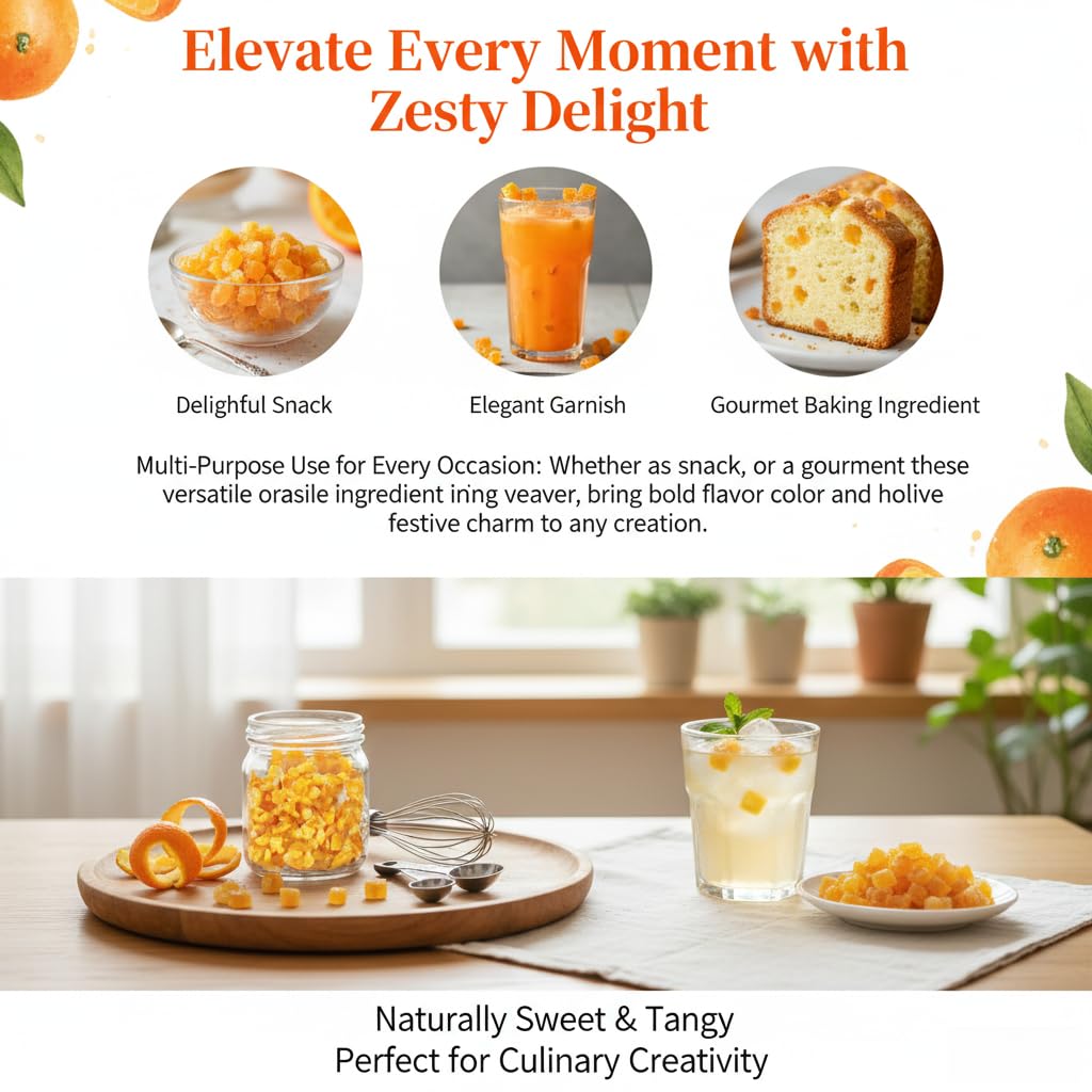 1.76 Ib Candied Glazed Orange Peel Dices, Chopped Sweet Orange Peel Cubes Granules, 800g, for Cake Baking, Mooncake Filling, Casual Snacks