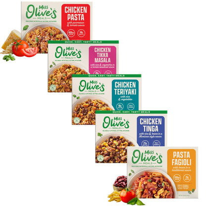 Miss Olive’s Ready Meals Variety Pack – 5 Pack of Ready-to-Eat Microwaveable Meals – Tinga, Tikka, Teriyaki, Pasta Fagioli & Chicken Parm – Bigger Portion Sizes, Heat & Serve Convenience