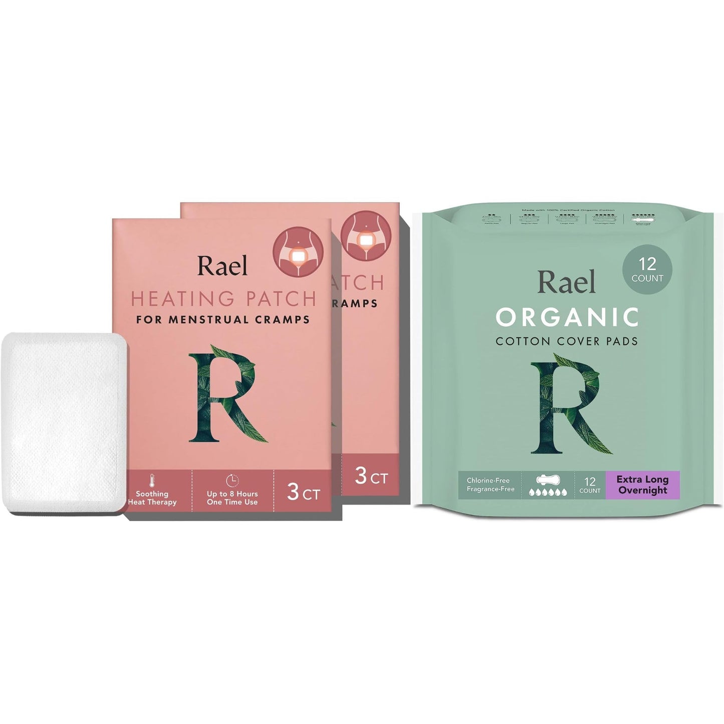 Rael Bundle - Heating Patch 2 Pack (6 Count) & Organic Cotton Cover Extra Long Overnight Pads (12 Count)
