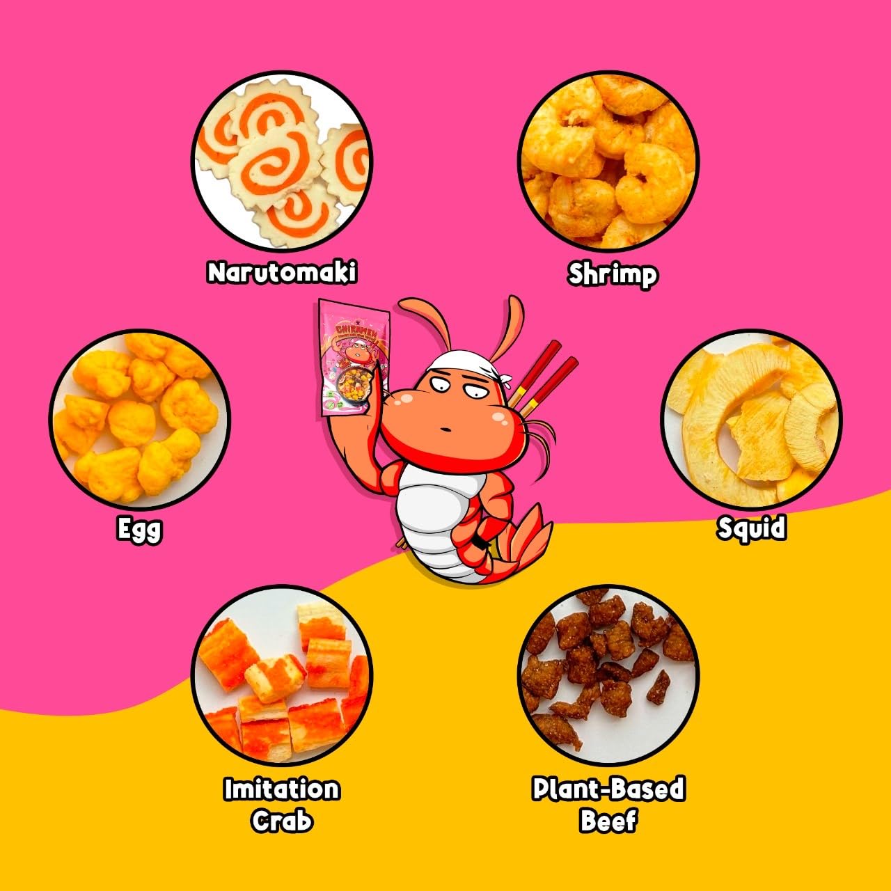 CHIRAMEN Dried Seafood Mix Ramen Toppings – Shrimp, Fish Cake, Squid, Imitation Crab & Egg – Instant Noodle Topping for Cup Noodles, Ramen Bowls & Quick Meals