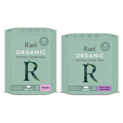 Rael Period Bundle - Organic Cotton Cover Pads (Petite, 28 Count) & Extra Long Overnight (12 Count)
