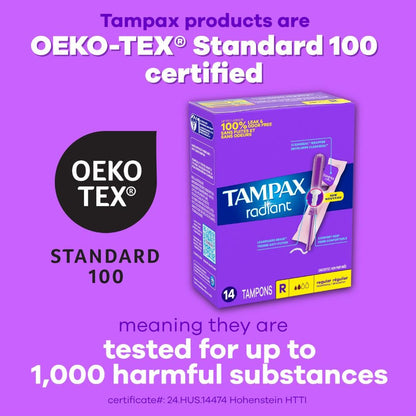 Tampax Radiant Tampons for Women Multipack, with LeakGuard Braid, Regular/Super Absorbency, Unscented, 84 Count (3 Packs of 28)