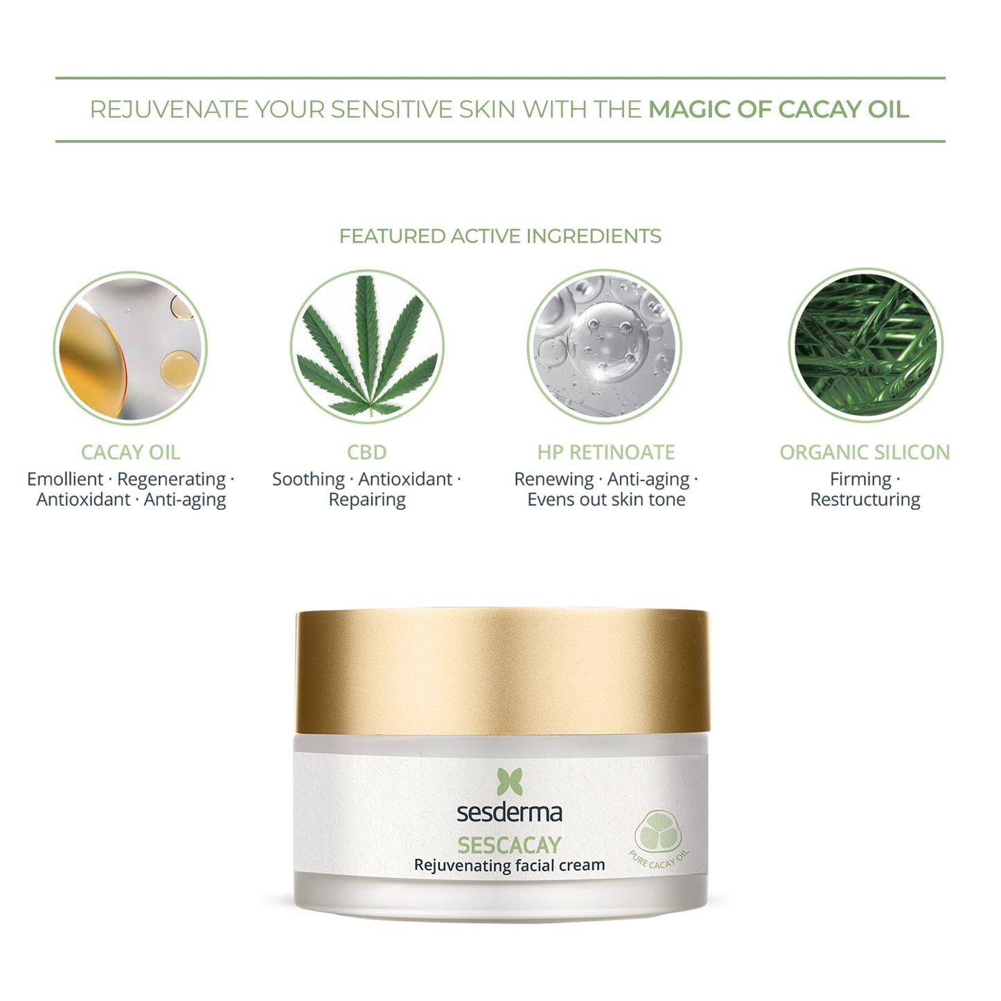 Sesderma SESCACAY Rejuvenating Facial Cream, Anti-Aging Treatment with Cacay Oil and HP Retinoate, for All Skin Types, Premium Beauty, 1.7 Fl Oz