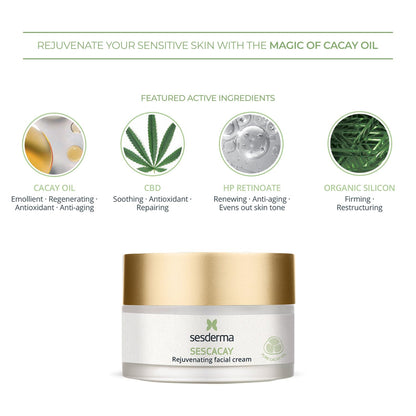 Sesderma SESCACAY Rejuvenating Facial Cream, Anti-Aging Treatment with Cacay Oil and HP Retinoate, for All Skin Types, Premium Beauty, 1.7 Fl Oz
