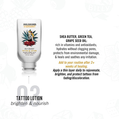 Billy Jealousy Tattoo Lotion for All Skin Types Formulated with Shea Butter, Essential Oils & Green Tea Leaf Extract, Tattoo Aftercare that Nourishes, Brightens & Soothes