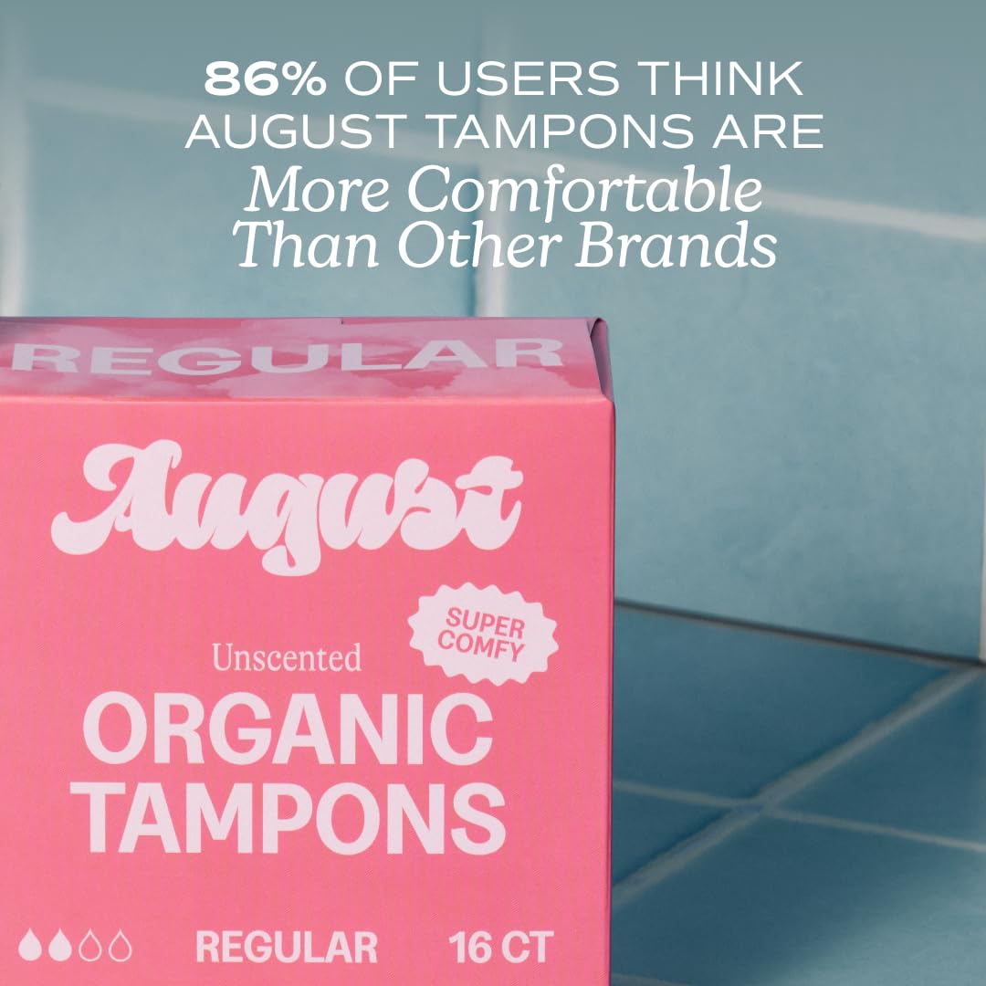 August Regular Tampons - 24-Pack 100% Organic Cotton Tampons for Women and Anyone Who Menstruates, Non-Toxic, Fragrance-Free, and Hypoallergenic with Long Applicators
