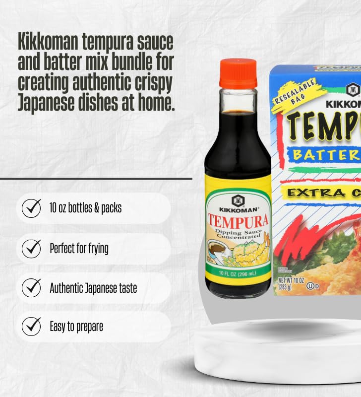 Kikkoman Tempura Dipping Sauce 10 oz + 2x Tempura Batter Mix 10 oz Bundle with Measuring Spoon – Easy Prep for Crispy Tempuras & Savory Dipping – Gift Set (4 Items)