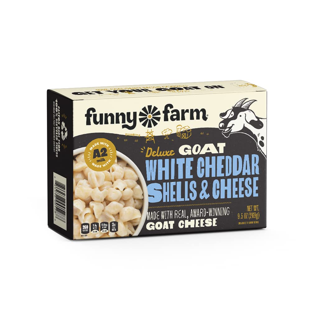 Funny Farm A2 Milk Macaroni and Cheese | Pasta with White Cheddar Flavor - Goat Cheese Mac and Cheese Dinner Bundle (Bulk 8 Pack) | A2 Goat Milk Cheese Pasta Sauce Packet with Elbow Macaroni Noodles - Goats Milk Based White Cheddar Mac n Cheese