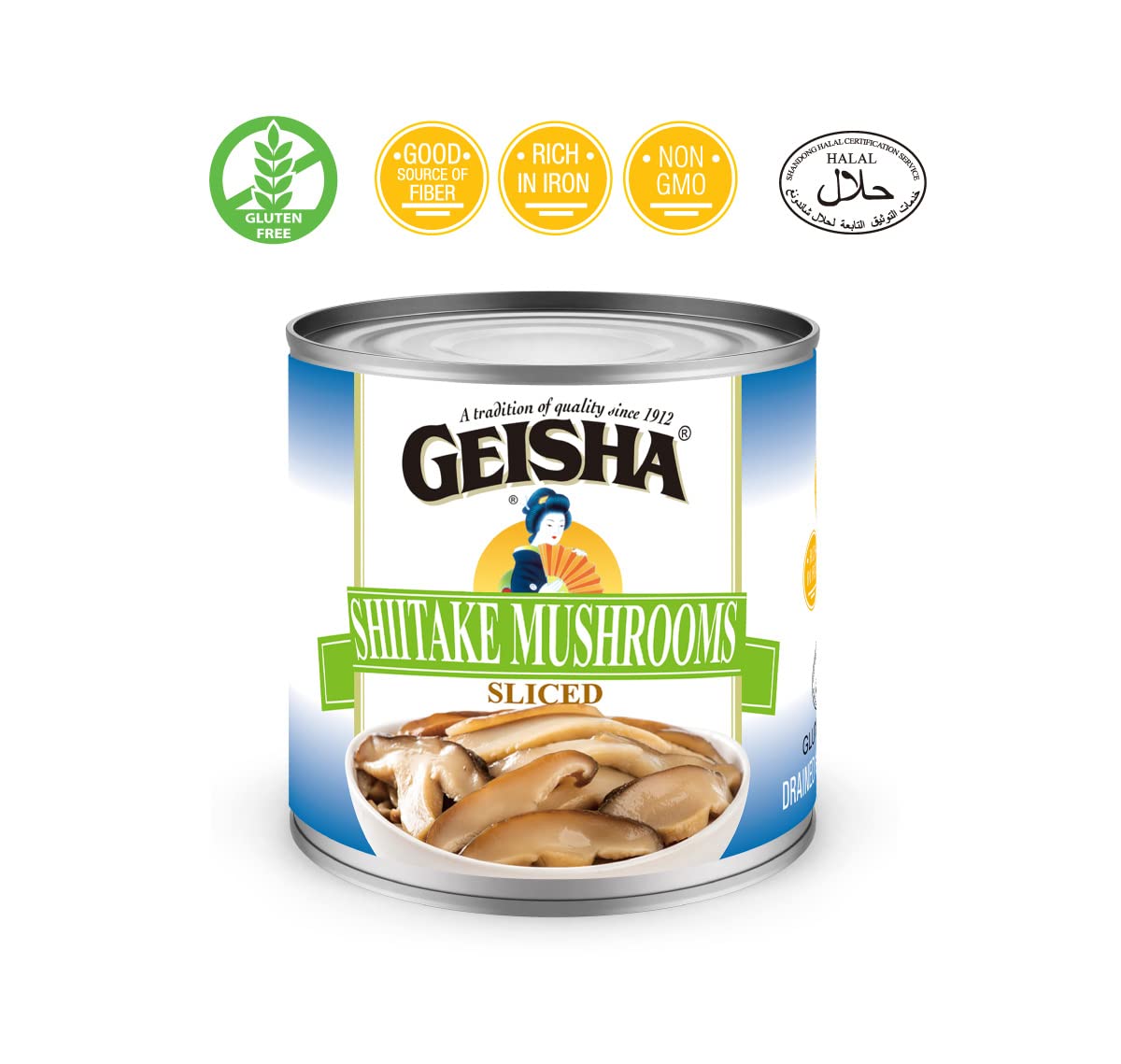GEISHA Shiitake Mushrooms Sliced 4OZ. (Pack of 12), Shiitake | Halal Certified － NON-GMO － Gluten Free－Good Source of Fiber－Rich in Iron－Only 30 Calories per Container