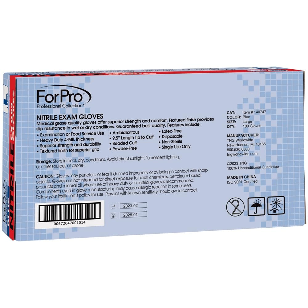 ForPro Disposable Nitrile Exam Gloves, Medical Grade, 4 Mil Extra Protection, Powder-Free, Latex-Free, Non-Sterile, Food Safe, Blue, Large, 100-Count