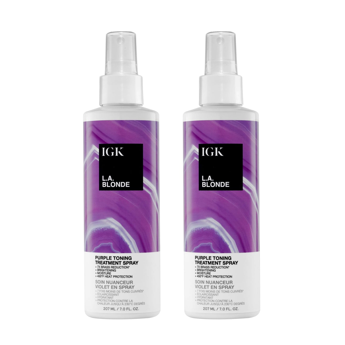 IGK L.A. Blonde Purple Toning Treatment Spray 2 pack – Leave-In Violet Spray That Neutralizes Brass, Brightens Blonde, Hydrates & Provides 450°F Heat Protection – Vegan & Color-Safe