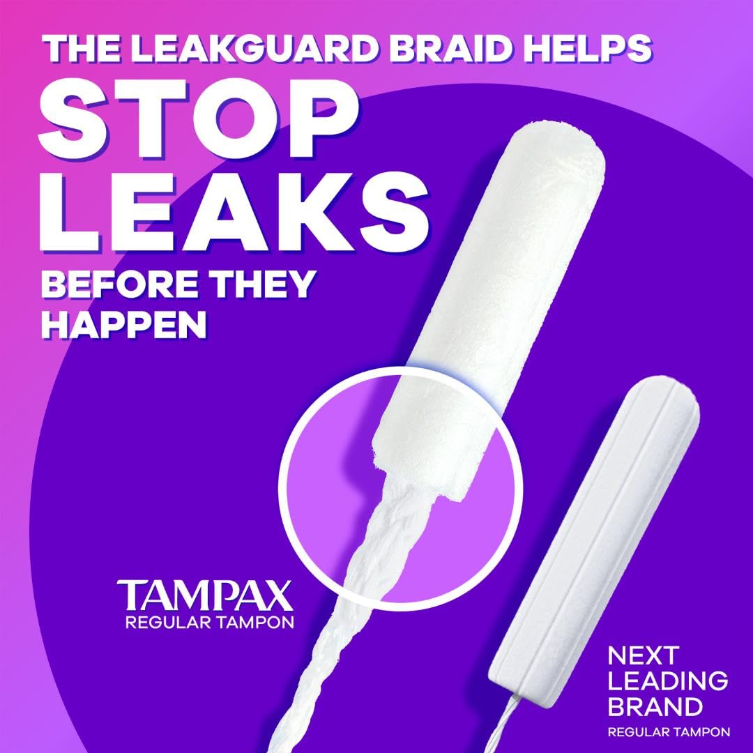 Tampax Radiant Tampons for Women Multipack, with LeakGuard Braid, Regular/Super Absorbency, Unscented, 84 Count (3 Packs of 28)
