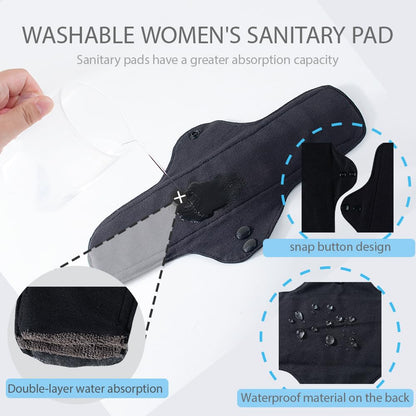 AIO Reusable Washable Cloth Menstrual Black Pads Sanitary Pad for Woman Size(7.09 * 10.63inch) Including 5 pcs Pads with 1 Wet Bag
